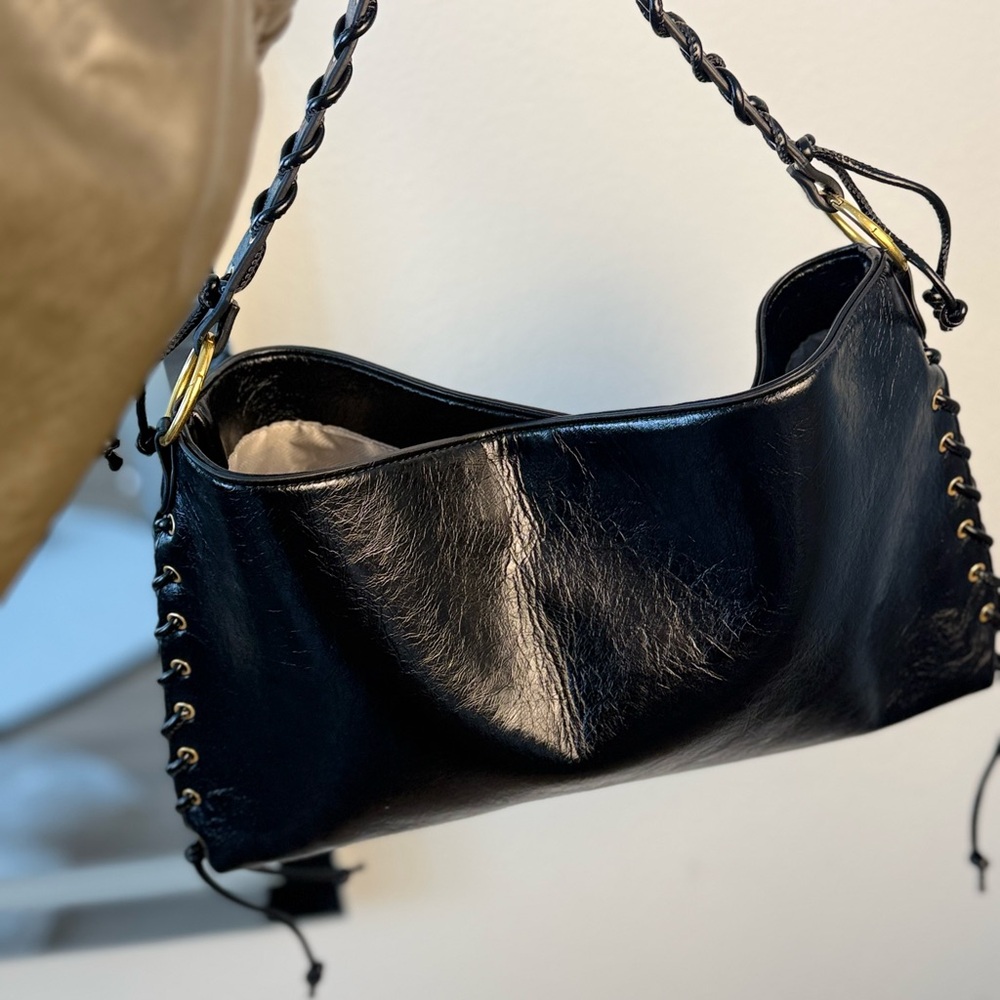 Black pu Leather Shoulder Bag with Braided Handle